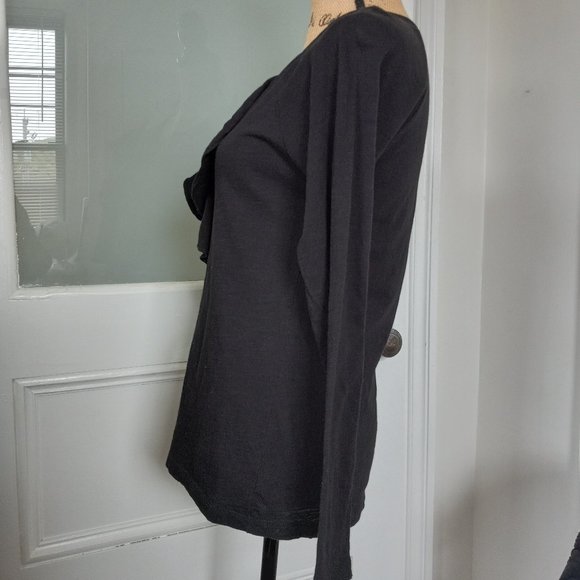 Lilla P Black Pima Cotton Long Sleeve Tee V Neck Ruffle Size S Made in Peru - Picture 5 of 12
